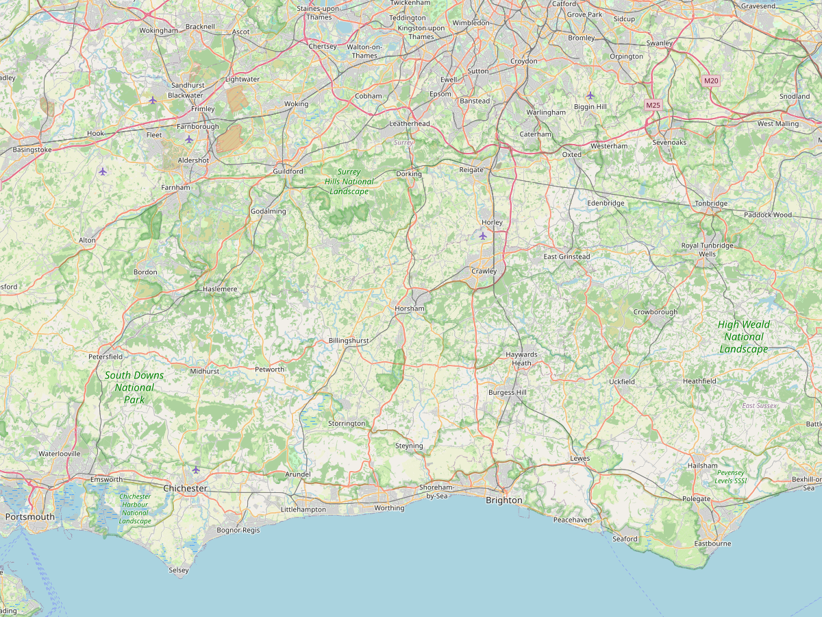 Map of West Sussex, Surrey and parts of South London
