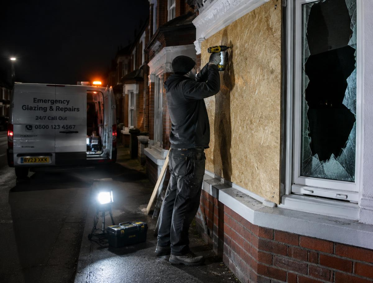 Tradesman boarding up a broken window at night